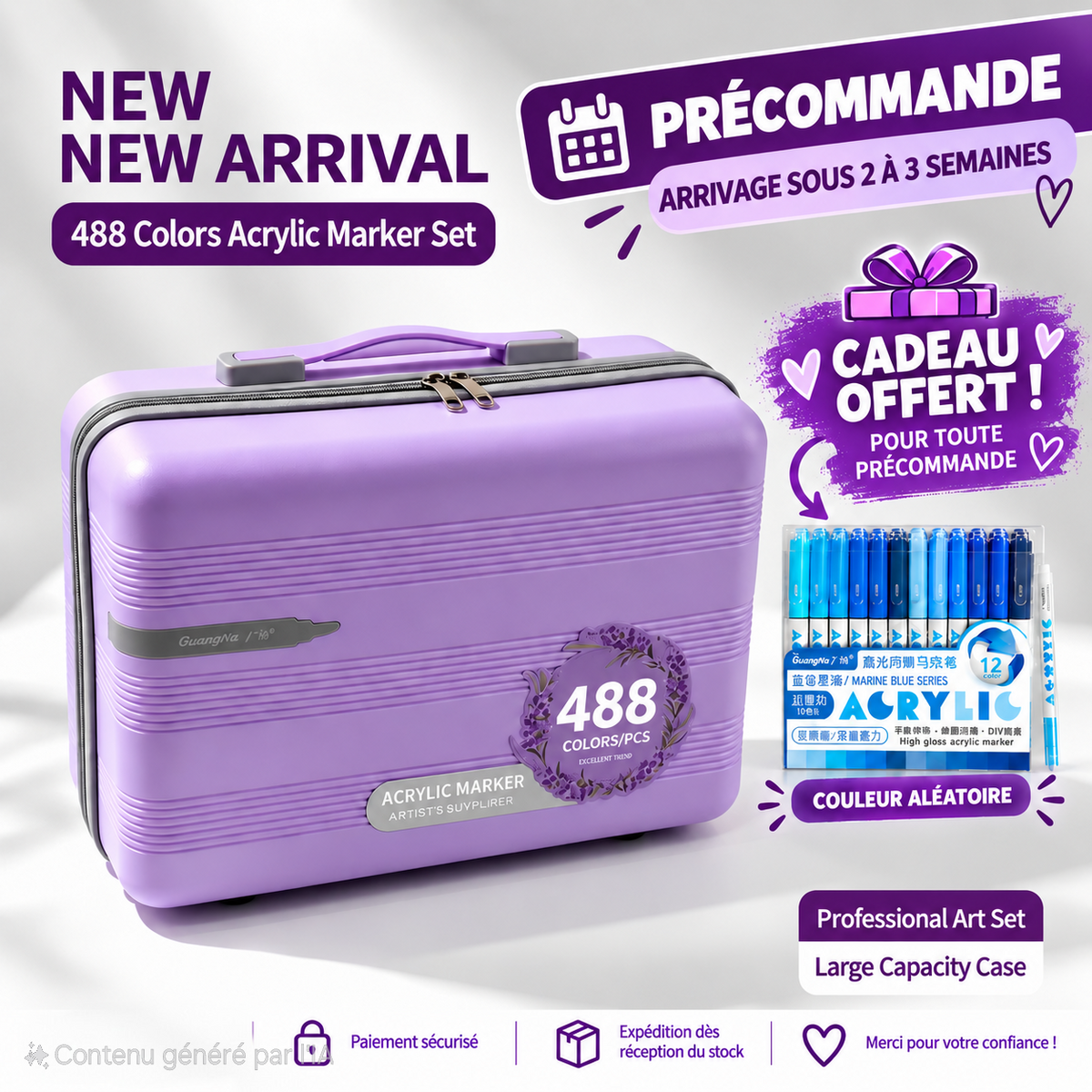 💜 VALISE 488 FEUTRES ACRYLIQUES GUANGNA – PRÉCOMMANDE 💜
✨ OFFRE SPÉCIALE PRÉCOMMANDE ✨, un pack de 12 feutres acryliques (couleur aléatoire) est OFFERT 🎁.